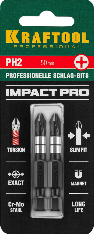 Бита Ph 2*50 мм ударная торсионная Cr-Mo тип хвостовика E 1/4 KRAFTOOL 2 шт