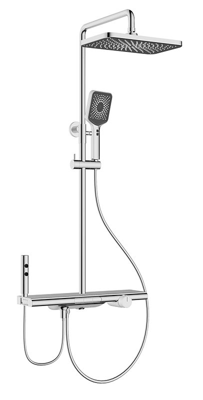 Душевая система KAISER Sano с термостатом и гигиеническим душем (полка: стекло, 500mm) (3-jet/стац. лейка 320х200х16mm) /Латунь /Хром