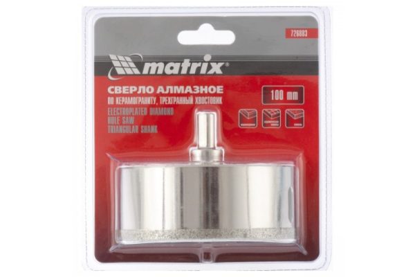 Сверло алмазное по керамограниту 100*67 мм 3-гранный хвостовик MATRIX 726883