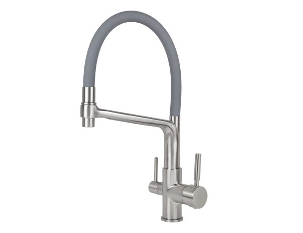 Смеситель VIKO кухня боковой под фильтр Ø35 с гибким серым изливом, корпус: серебро (латунь)