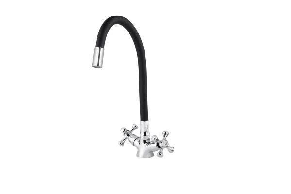 Смеситель VIKO кухня крест керамика с черным гибким изливом с гайкой