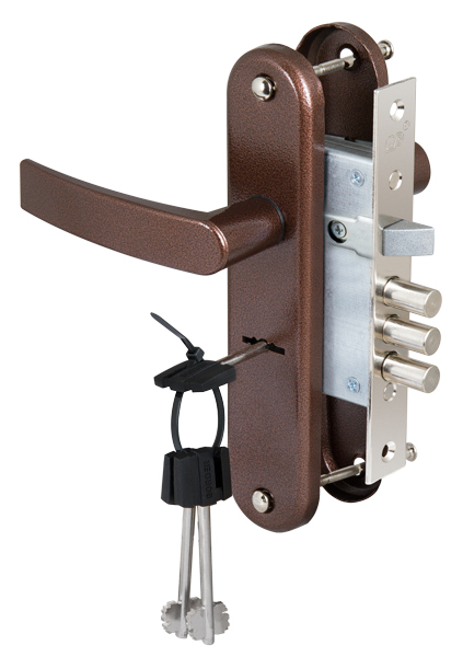 Замок врезной сувальдный с защёлкой в комплекте с ручкой ЗВ9-6/13 (медный антик), 3 кл. /77311//САМ