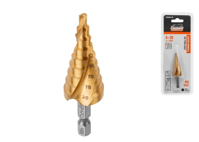Сверло ступенчатое по металлу от 4 до 20 мм HSS GEPARD Сверло ступенчатое по металлу от 4 до 20 мм HSS GEPARD