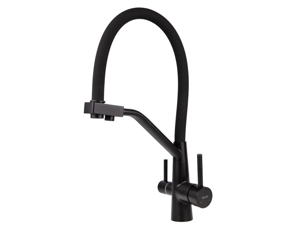 Смеситель VIKO для кухни под фильтр с гибким изливом Ø35, нерж. сталь (корпус/излив: черный матовый)
