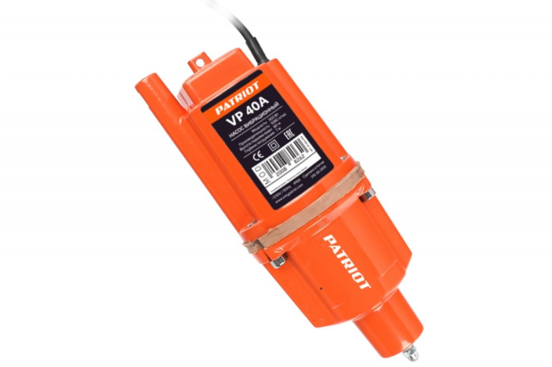 Насос вибрационный "PATRIOT" VP 40А нижний забор 300Вт, 18л/мин, Н-60м,D-96мм, кабель 40м