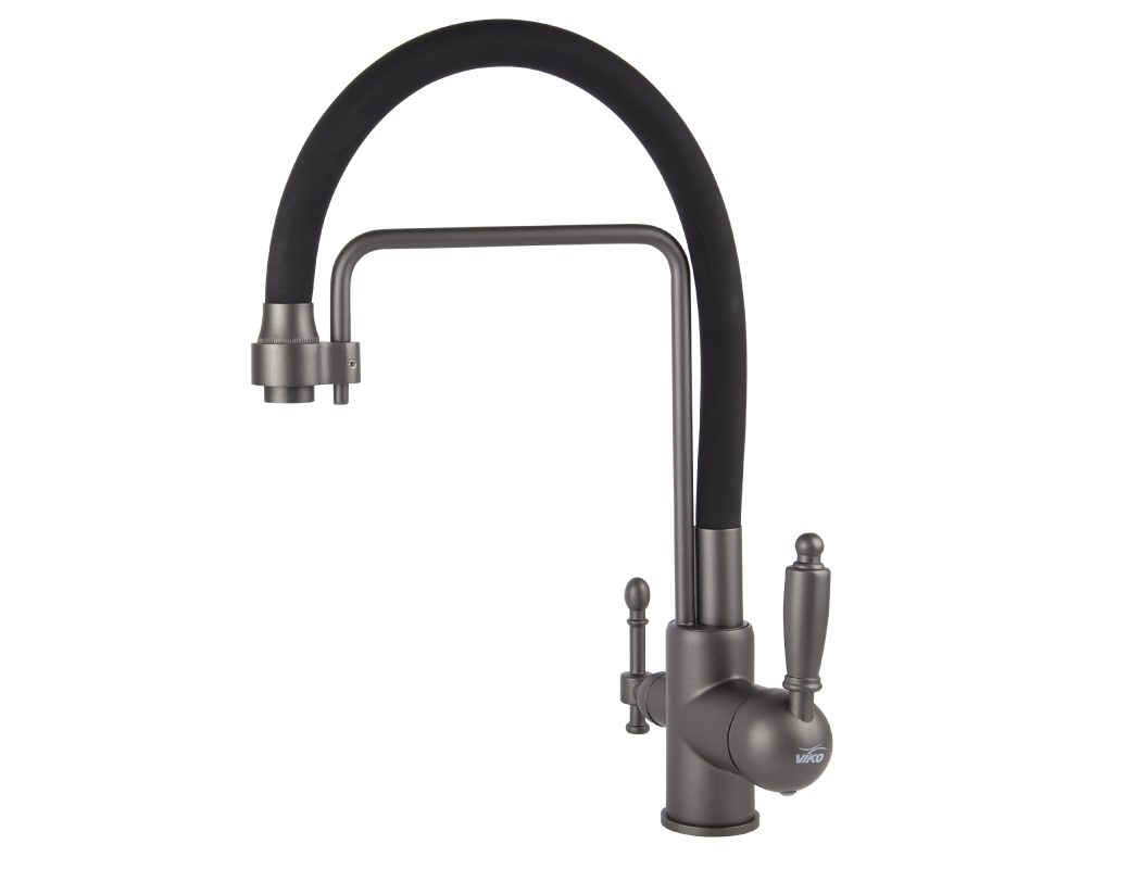 Смеситель VIKO кухня боковой под фильтр Ø черным гибким изливом, латунь, воронёная сталь