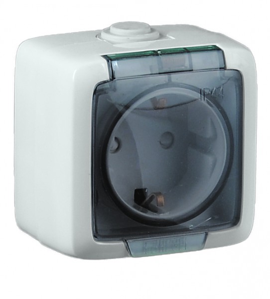 Розетка ОП 1-мест. з/к с крышкой дымч. корпус белый Alfa IP44 (упак.15 шт.)