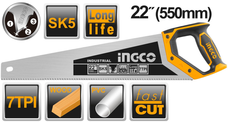 Ножовка по дереву 550 мм INGCO HHAS28550 INDUSTRIAL Ножовка по дереву 550 мм INGCO HHAS28550 INDUSTRIAL