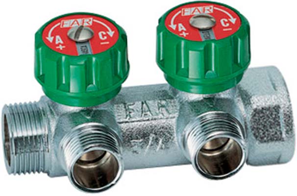 FAR Коллектор 1" х 3/4" - 2 вых. (д.р.) регулируемый