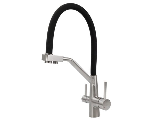 Смеситель VIKO для кухни под фильтр с гибким изливом Ø35,нерж. сталь (корпус/излив: серебро/черный)