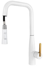 Смеситель KAISER Claro для кухни с вытяжной лейкой Ø35 /Латунь /Белый матовый и шлифованное золото Смеситель KAISER Claro для кухни с вытяжной лейкой Ø35 /Латунь /Белый матовый и шлифованное золото