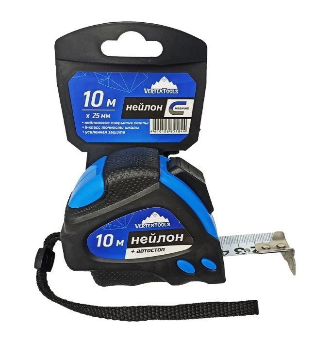 Рулетка 10 м*25 мм НЕЙЛОН АВТОСТОП VERTEXTOOLS Рулетка 10 м*25 мм НЕЙЛОН АВТОСТОП VERTEXTOOLS