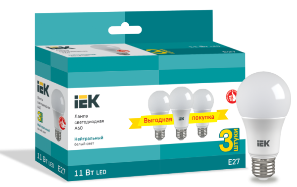 Лампа светодиодная ECO A60 шар 11Вт 230В 4000К E27 (3шт/упак) IEK