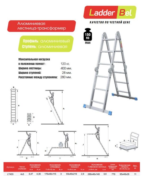 Лестница LadderBel 4х3 ступ алюм. многофункц (1,7/3,4м)