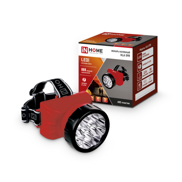 Фонарь налобный аккумуляторный HLA 09R, 12 LED, 120 Lm. 15 ч., 2 режима, з/у 230 В, КРАСНЫЙ IN HOME