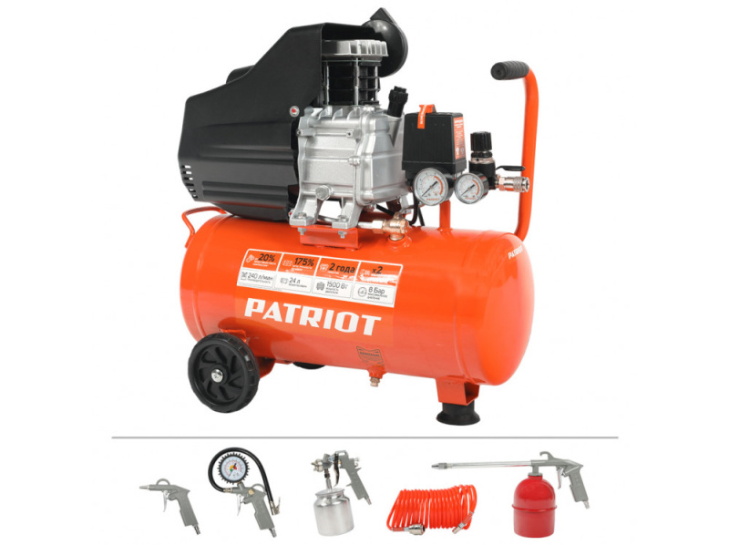 Компрессор пневматический 1500 Вт 24 л EURO 24-240K + набор пневмоинструмента PATRIOT KIT 5В Компрессор пневматический 1500 Вт 24 л EURO 24-240K + набор пневмоинструмента PATRIOT KIT 5В