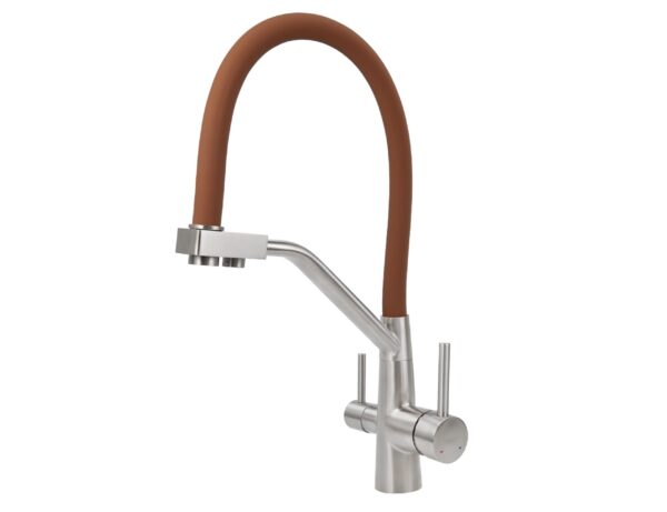 Смеситель VIKO для кухни под фильтр с гибким изливом Ø35, нерж. сталь (корпус/излив: серебро/коричневый)